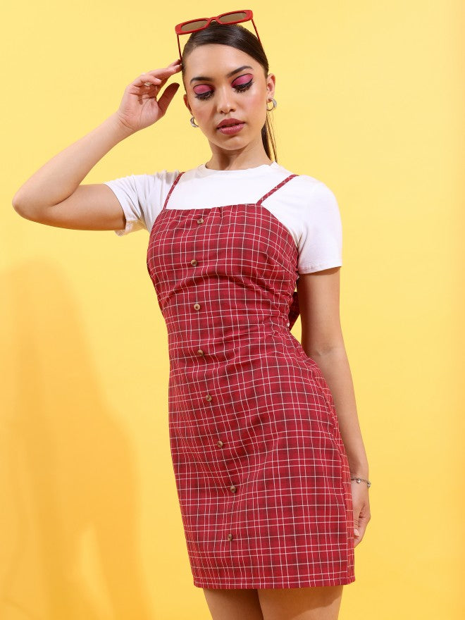 Tokyo Talkies Women Maroon Checked A-Line Dress - Maroon - Image 4