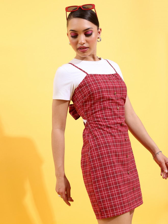 Tokyo Talkies Women Maroon Checked A-Line Dress - Maroon - Image 6