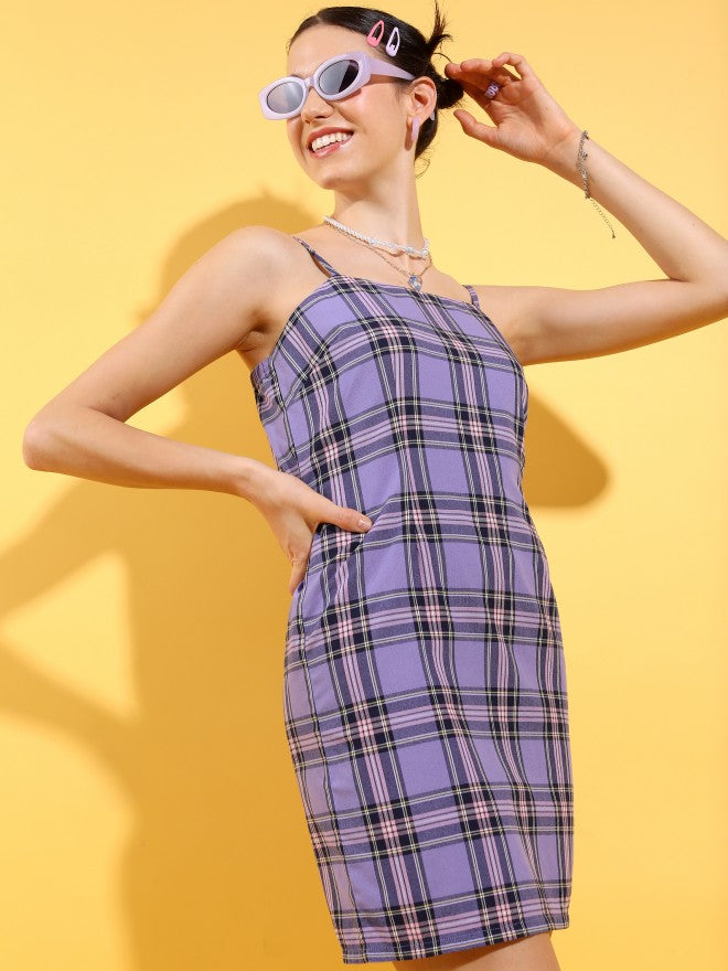 Tokyo Talkies Women Purple Checked Sheath Dress - Purple - Image 1