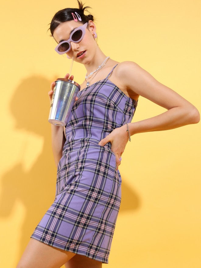 Tokyo Talkies Women Purple Checked Sheath Dress - Purple - Image 6