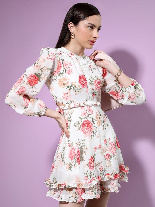 Tokyo Talkies Women Off White Printed Fit & Flare Dress - Off White - Image 1