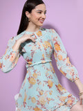 Tokyo Talkies Women Teal Printed Fit And Flare Dress - Teal - Image 1