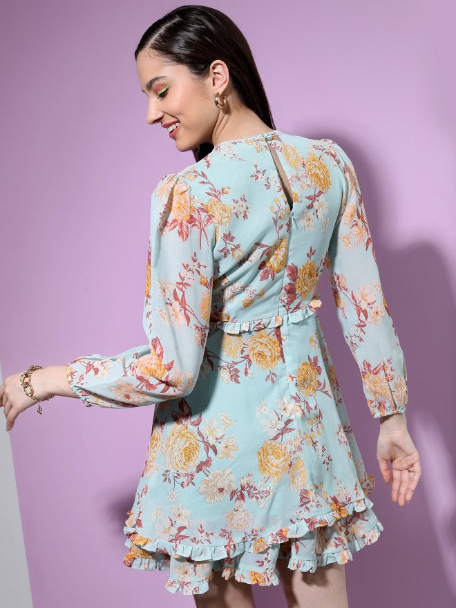 Tokyo Talkies Women Teal Printed Fit And Flare Dress - Teal - Image 3