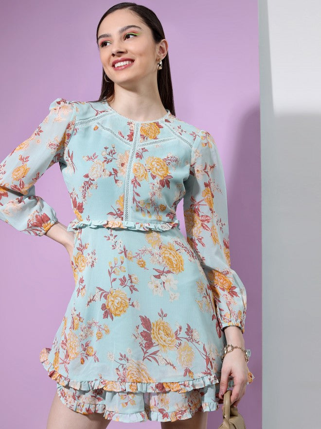 Tokyo Talkies Women Teal Printed Fit And Flare Dress - Teal - Image 4