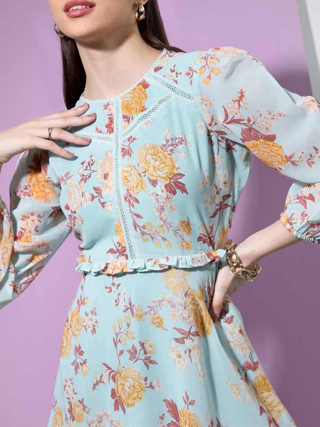 Tokyo Talkies Women Teal Printed Fit And Flare Dress - Teal - Image 5