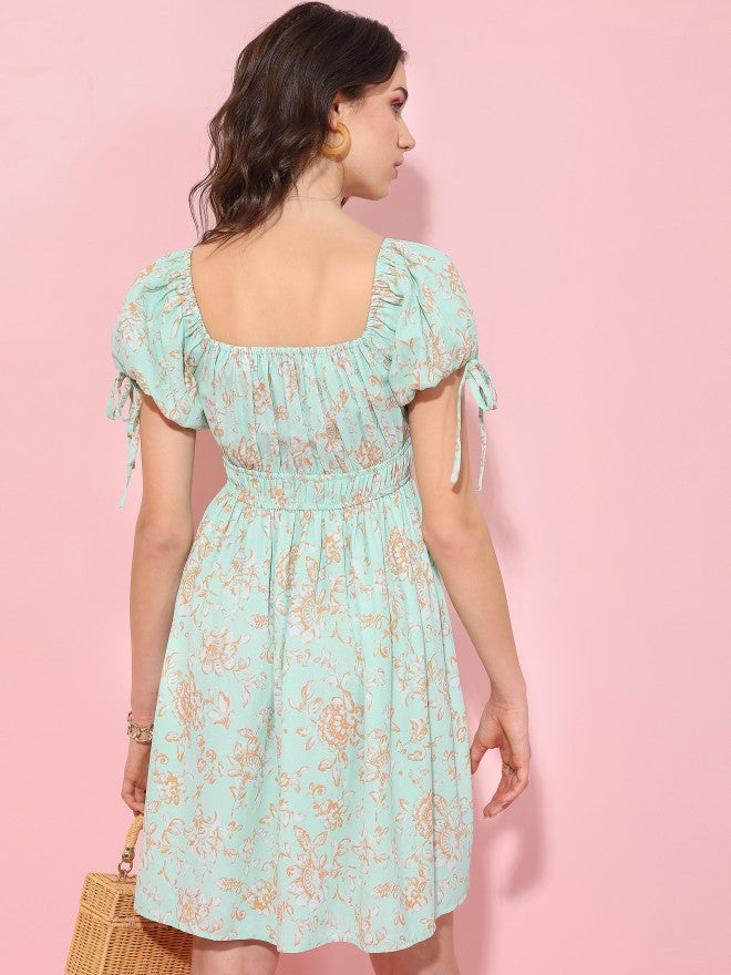 Tokyo Talkies Women Green Printed Fit And Flare Dress - Green - Image 3