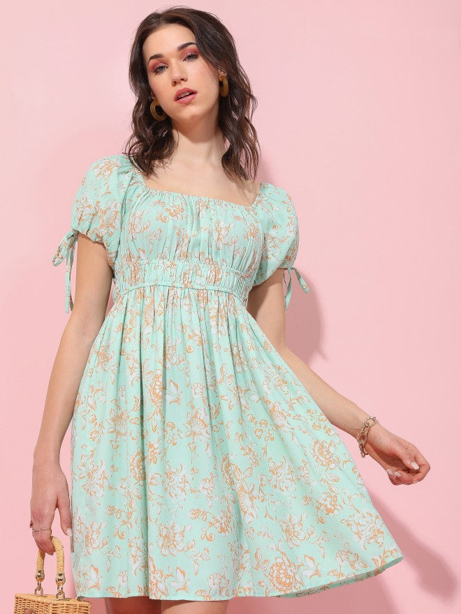 Tokyo Talkies Women Green Printed Fit And Flare Dress - Green - Image 6