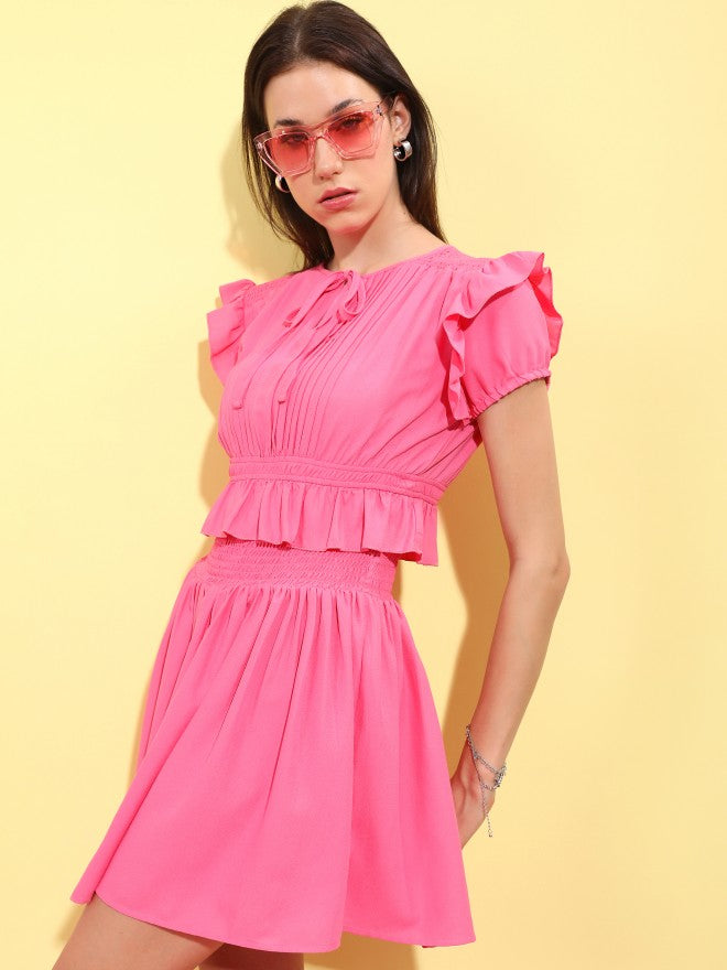Tokyo Talkies Women Pink Solid Fit And Flare Dress - Pink - Image 1