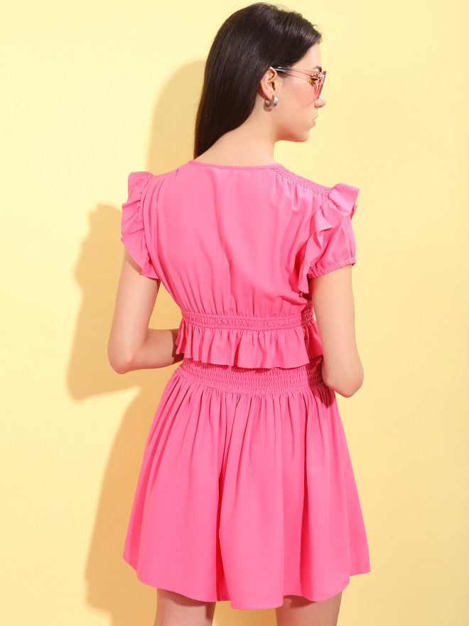Tokyo Talkies Women Pink Solid Fit And Flare Dress - Pink - Image 3