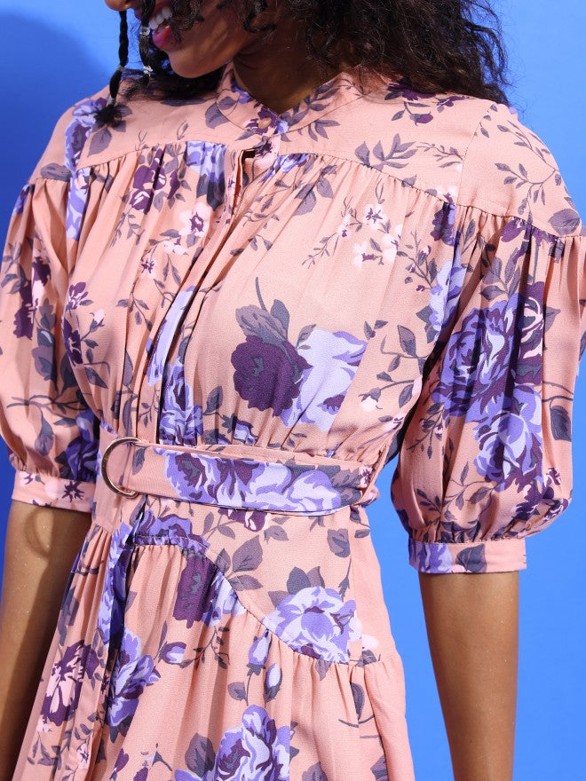 Tokyo Talkies Women Peach Printed Fit and Flare Dress - Peach - Image 5