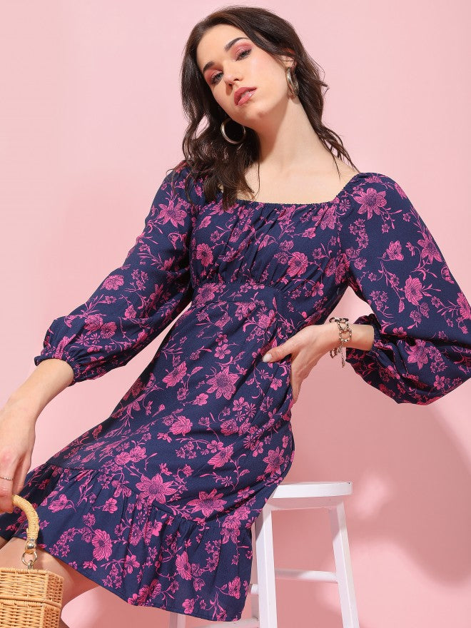 Tokyo Talkies Women Navy Blue Printed Fit And Flare Dress - Navy Blue - Image 1