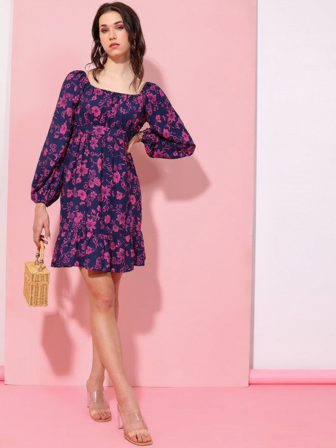 Tokyo Talkies Women Navy Blue Printed Fit And Flare Dress - Navy Blue - Image 2