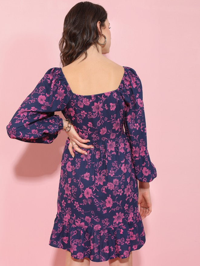 Tokyo Talkies Women Navy Blue Printed Fit And Flare Dress - Navy Blue - Image 3