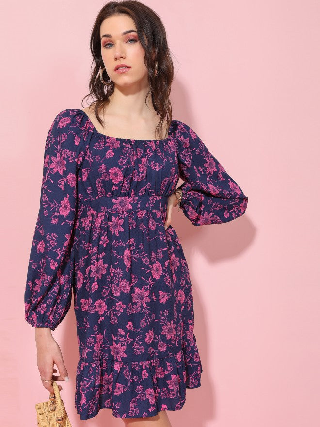 Tokyo Talkies Women Navy Blue Printed Fit And Flare Dress - Navy Blue - Image 4