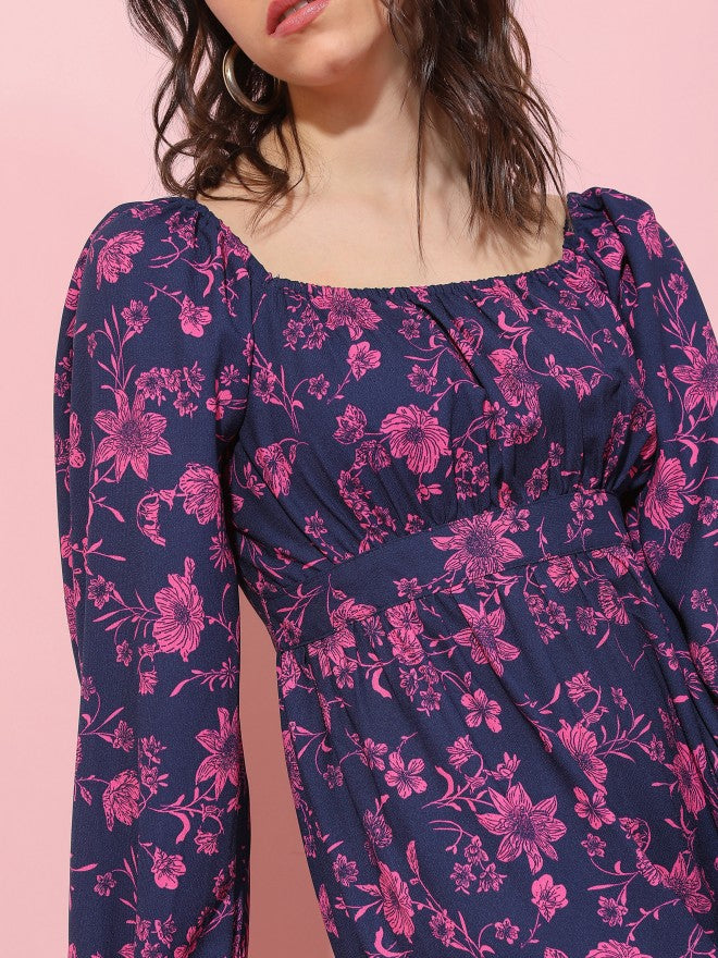 Tokyo Talkies Women Navy Blue Printed Fit And Flare Dress - Navy Blue - Image 5