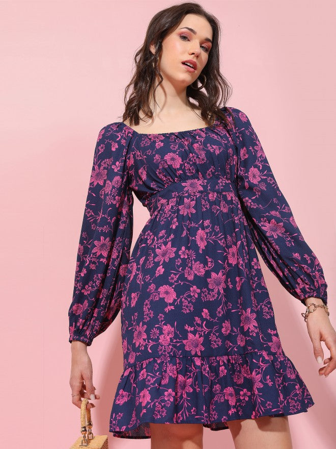 Tokyo Talkies Women Navy Blue Printed Fit And Flare Dress - Navy Blue - Image 6