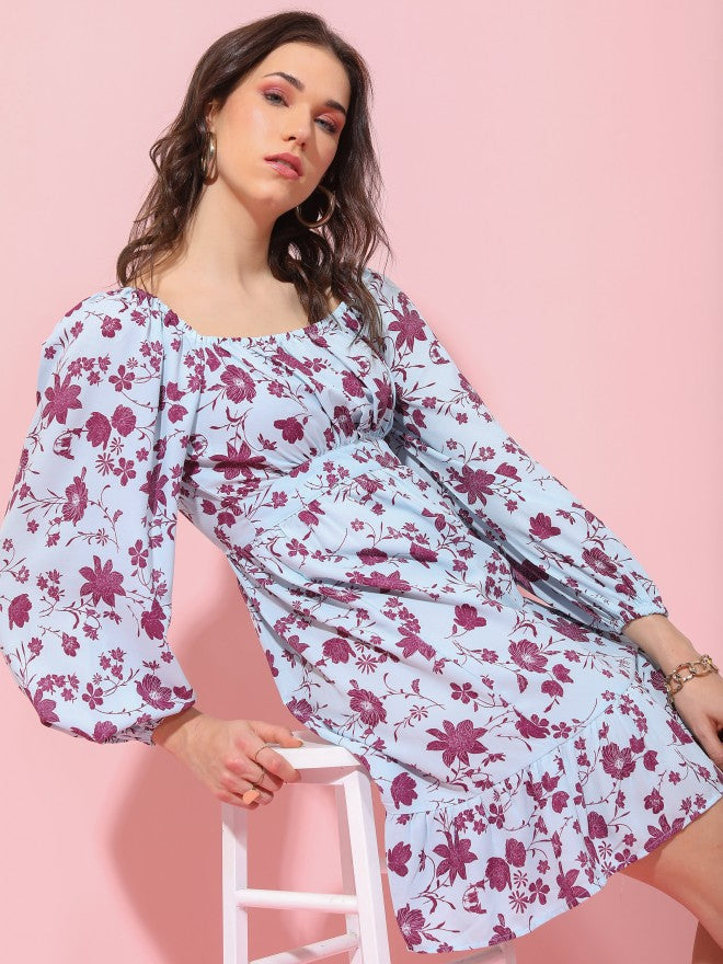 Tokyo Talkies Women Blue Printed Fit And Flare Dress - Blue - Image 1