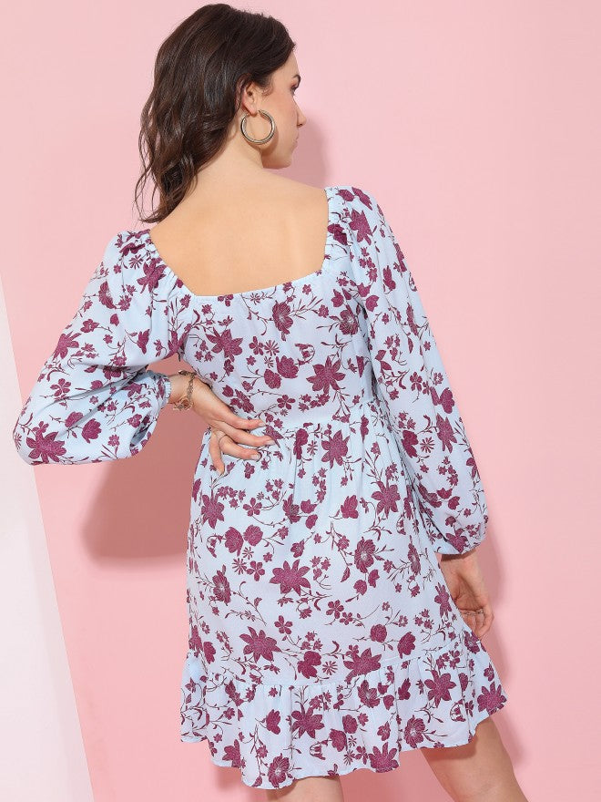 Tokyo Talkies Women Blue Printed Fit And Flare Dress - Blue - Image 3