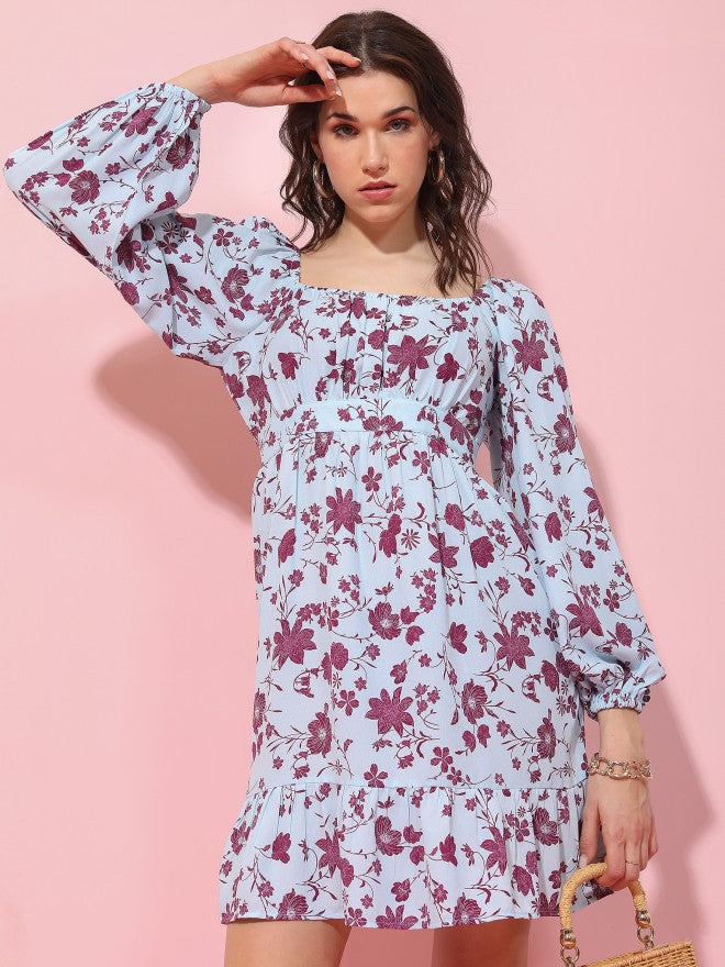 Tokyo Talkies Women Blue Printed Fit And Flare Dress - Blue - Image 4