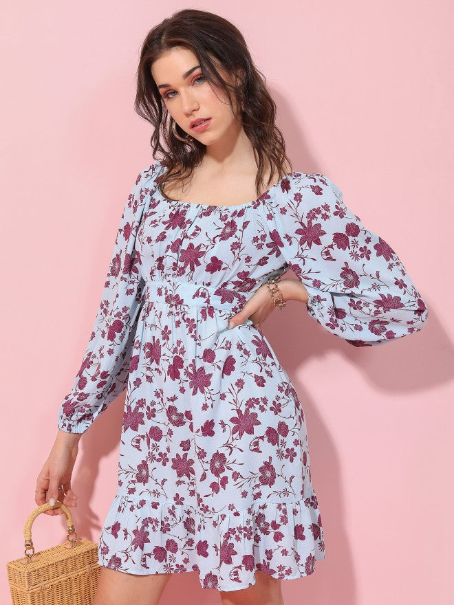 Tokyo Talkies Women Blue Printed Fit And Flare Dress - Blue - Image 6