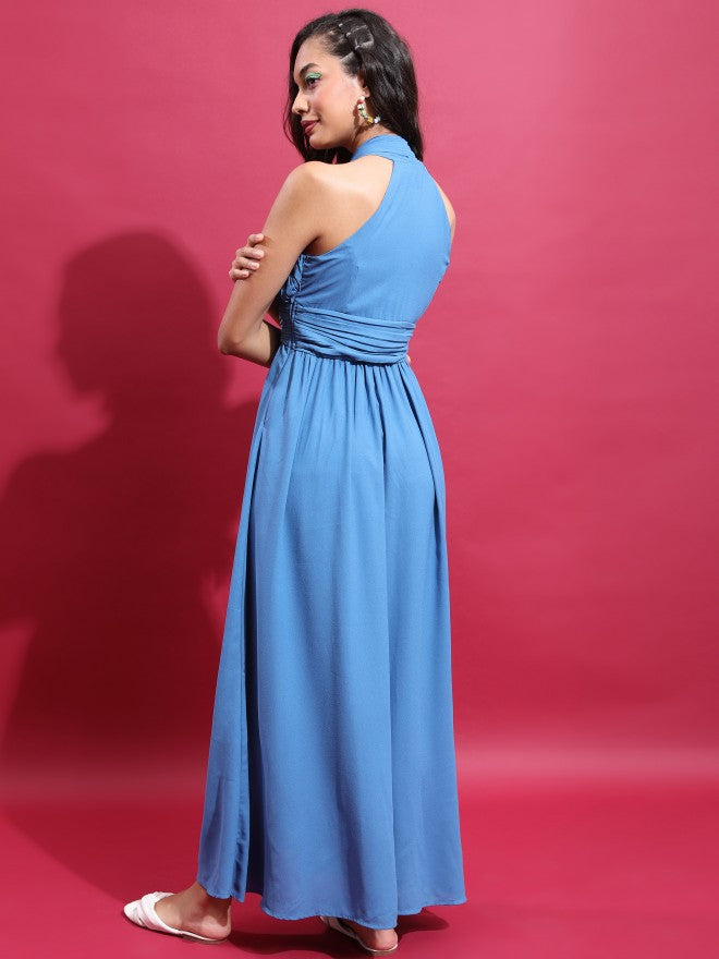 Tokyo Talkies Women Blue Solid Maxi Dress - Blue - Image 3