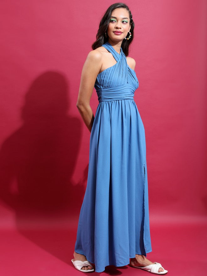 Tokyo Talkies Women Blue Solid Maxi Dress - Blue - Image 6