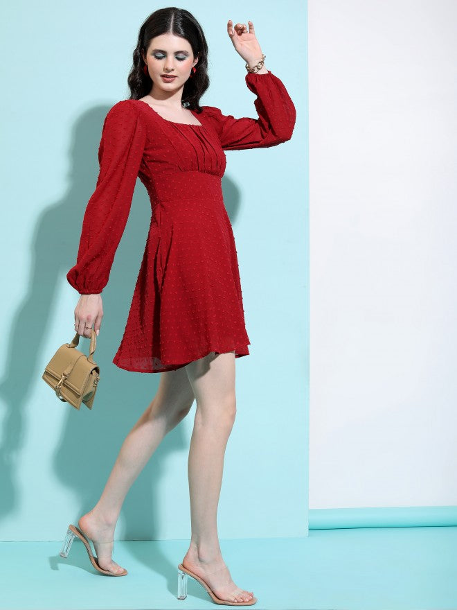 Tokyo Talkies Women Maroon Self Design Fit And Flare Dress - Maroon - Image 2