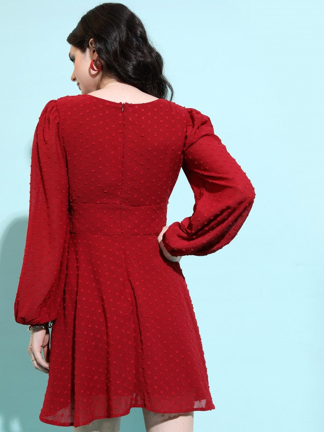 Tokyo Talkies Women Maroon Self Design Fit And Flare Dress - Maroon - Image 3