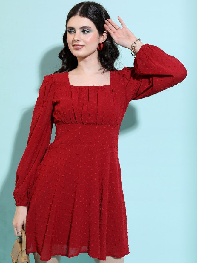Tokyo Talkies Women Maroon Self Design Fit And Flare Dress - Maroon - Image 4