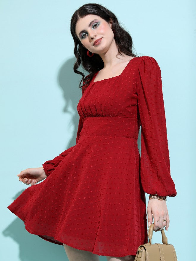 Tokyo Talkies Women Maroon Self Design Fit And Flare Dress - Maroon - Image 6