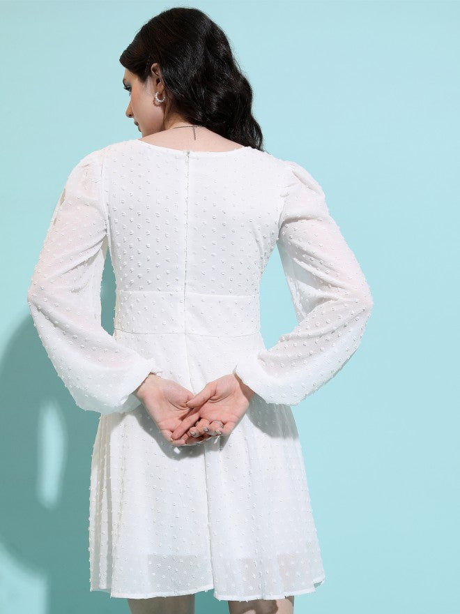 Tokyo Talkies Women Cream Self Design Fit And Flare Dress - Cream - Image 3