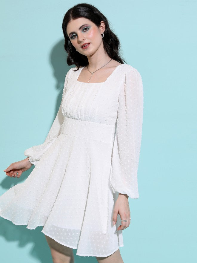 Tokyo Talkies Women Cream Self Design Fit And Flare Dress - Cream - Image 4