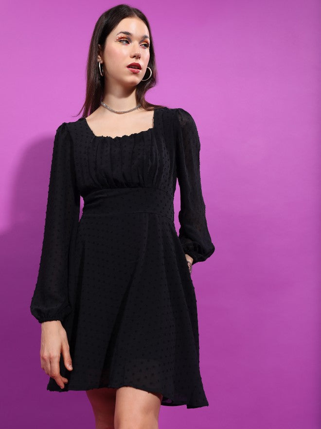 Tokyo Talkies Women Black Self Design Fit And Flare Dress - Black - Image 1