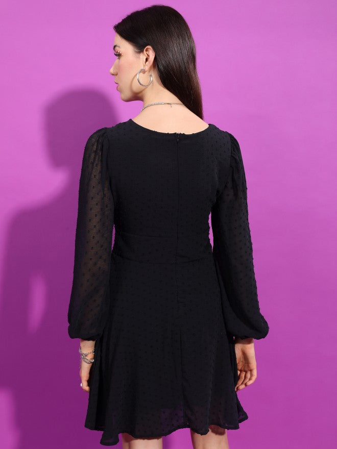 Tokyo Talkies Women Black Self Design Fit And Flare Dress - Black - Image 3