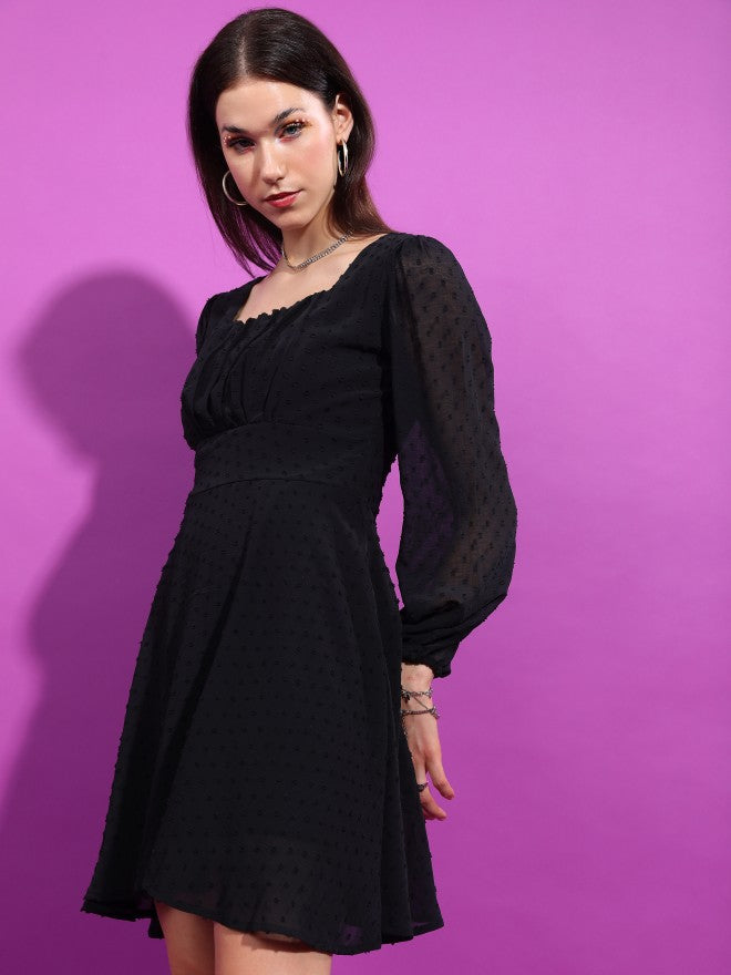 Tokyo Talkies Women Black Self Design Fit And Flare Dress - Black - Image 4