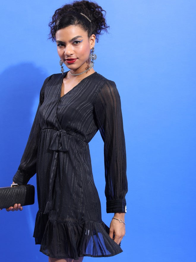 Tokyo Talkies Women Black Striped Wrap Dress - Black - Image 1