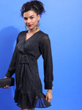 Tokyo Talkies Women Black Striped Wrap Dress - Black - Image 1