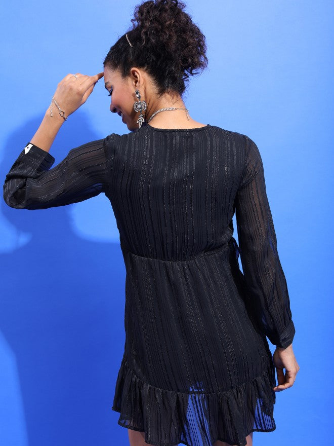 Tokyo Talkies Women Black Striped Wrap Dress - Black - Image 3