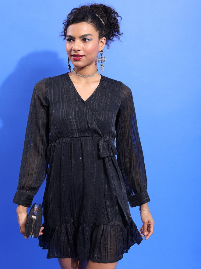 Tokyo Talkies Women Black Striped Wrap Dress - Black - Image 4