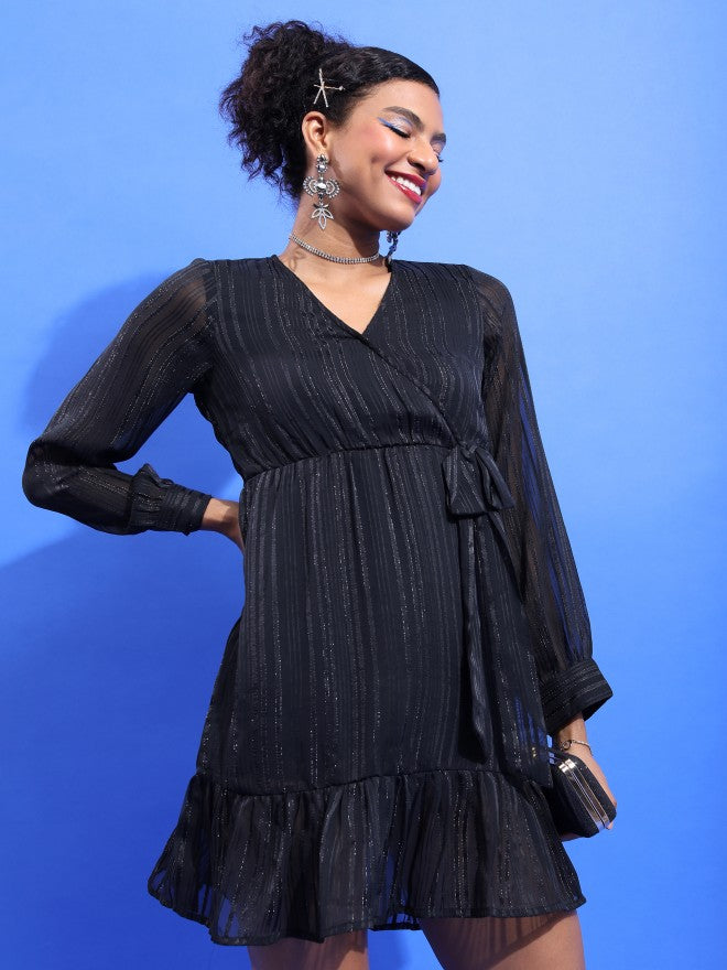 Tokyo Talkies Women Black Striped Wrap Dress - Black - Image 6
