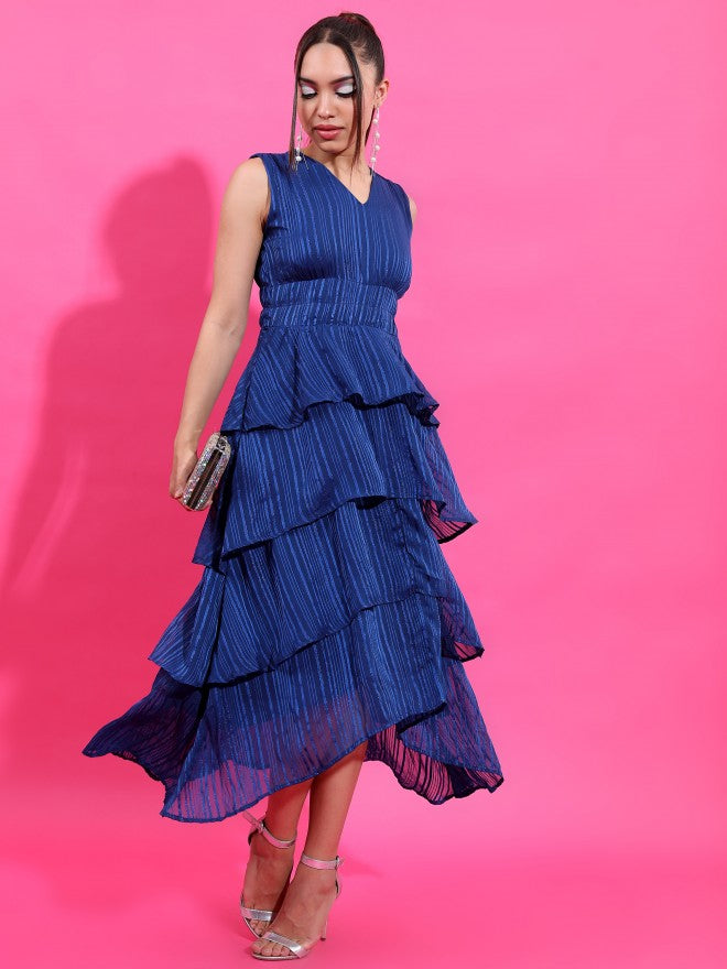 Tokyo Talkies Women Navy Blue Striped Maxi Dress - Navy Blue - Image 1