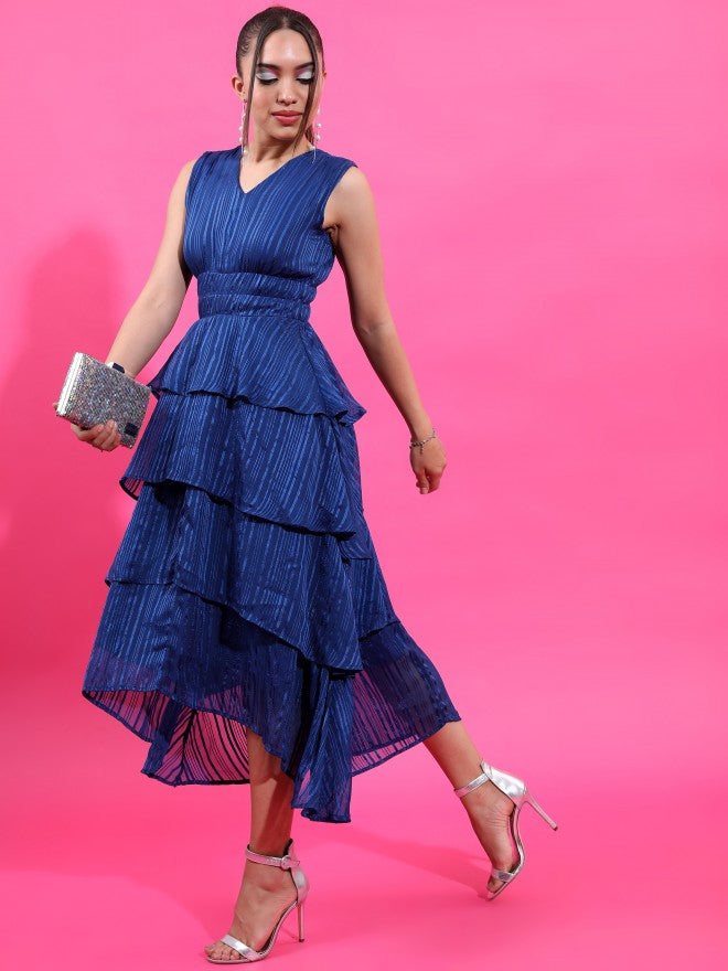 Tokyo Talkies Women Navy Blue Striped Maxi Dress - Navy Blue - Image 4