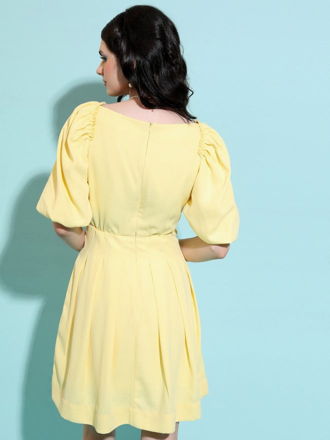Tokyo Talkies Women Yellow Solid Fit and Flare Dress - Yellow - Image 3