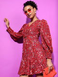 Tokyo Talkies Women Maroon Printed Fit And Flare Dress - Maroon - Image 1
