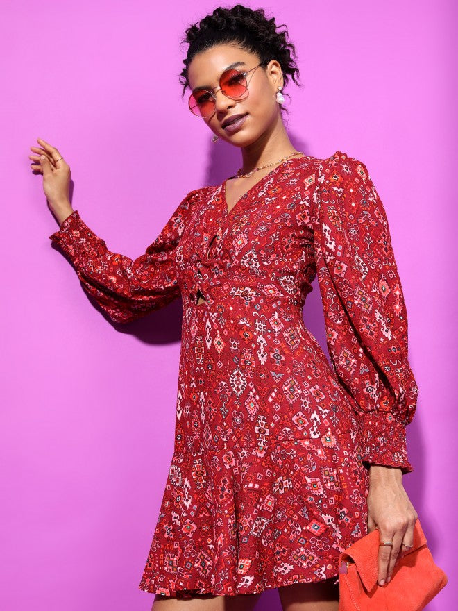 Tokyo Talkies Women Maroon Printed Fit And Flare Dress - Maroon - Image 1