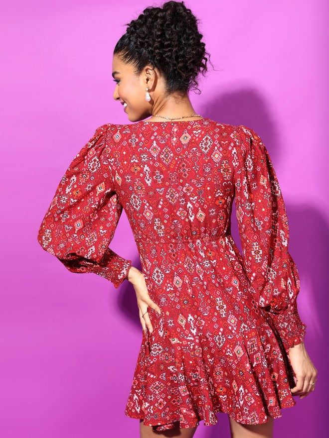 Tokyo Talkies Women Maroon Printed Fit And Flare Dress - Maroon - Image 3