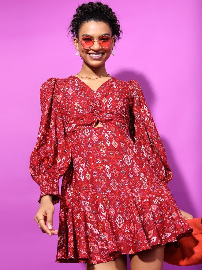 Tokyo Talkies Women Maroon Printed Fit And Flare Dress - Maroon - Image 4