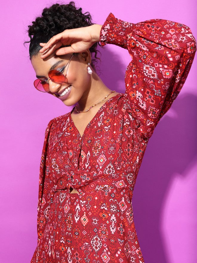 Tokyo Talkies Women Maroon Printed Fit And Flare Dress - Maroon - Image 5