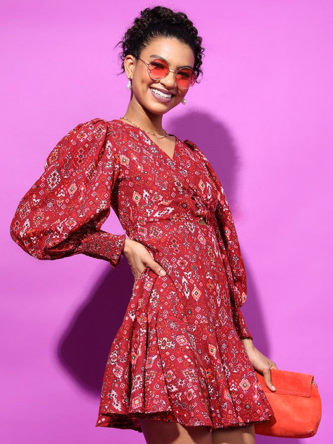 Tokyo Talkies Women Maroon Printed Fit And Flare Dress - Maroon - Image 6