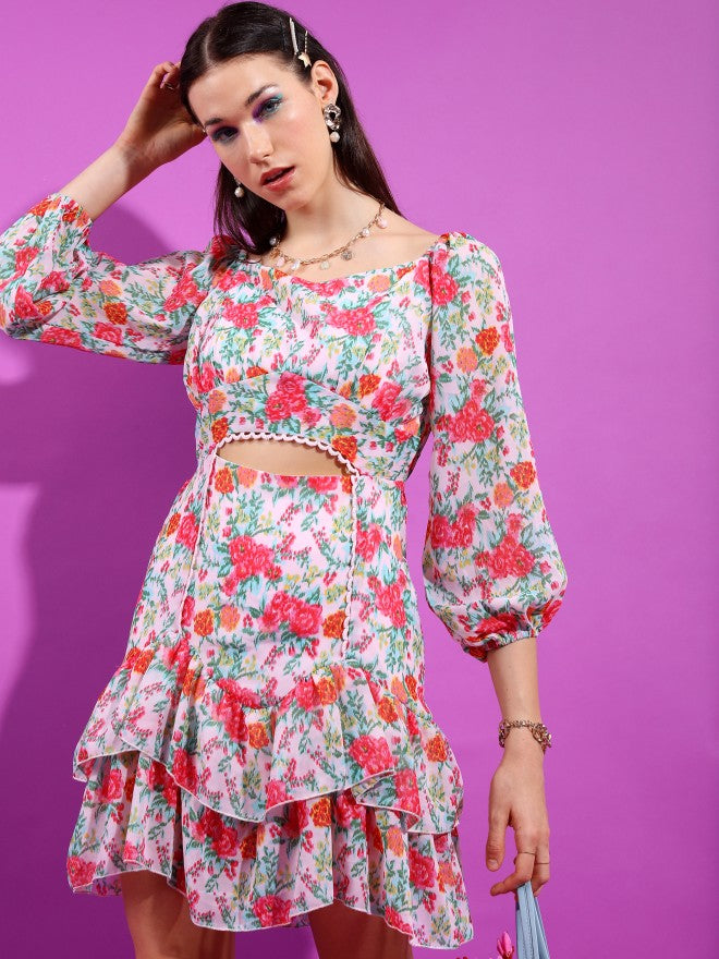 Tokyo Talkies Women Pink Printed Fit And Flare Dress - Pink - Image 1